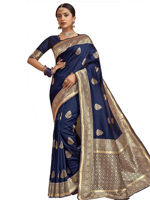 navy art silk paithani saree with blouse - 17479373 - Very Small Image - 1