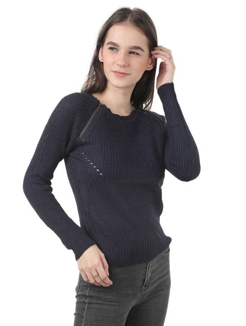 zipper detail rorund neck pullover - 17483126 - Very Small Image - 1