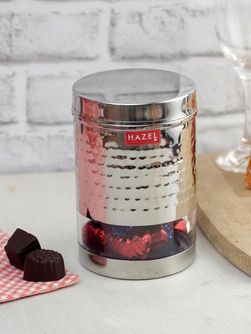 hazel stainless steel hammered finish transparent glossy see through container, 600 ml, silver - 17483399 - Very Small Image - 1