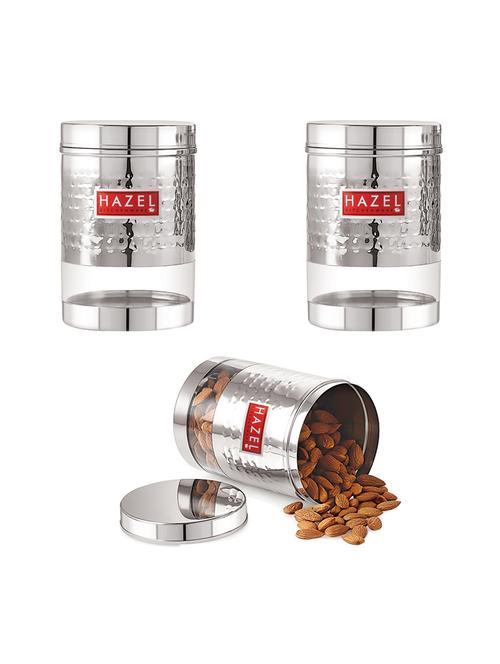 hazel stainless steel hammered finish transparent glossy see through container, set of 3, 950 ml each, silver - 17483406 - Very Small Image - 1