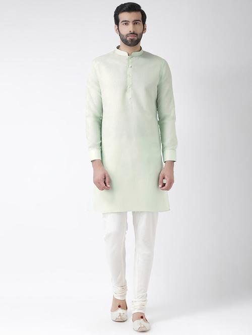 green solid silk blend kurta pyjama set - 17484663 - Very Small Image - 1