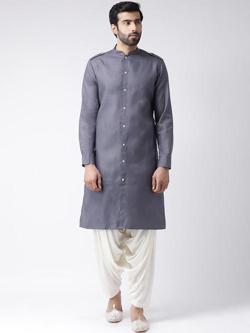 grey solid silk blend dhoti kurta set - 17484669 - Very Small Image - 1