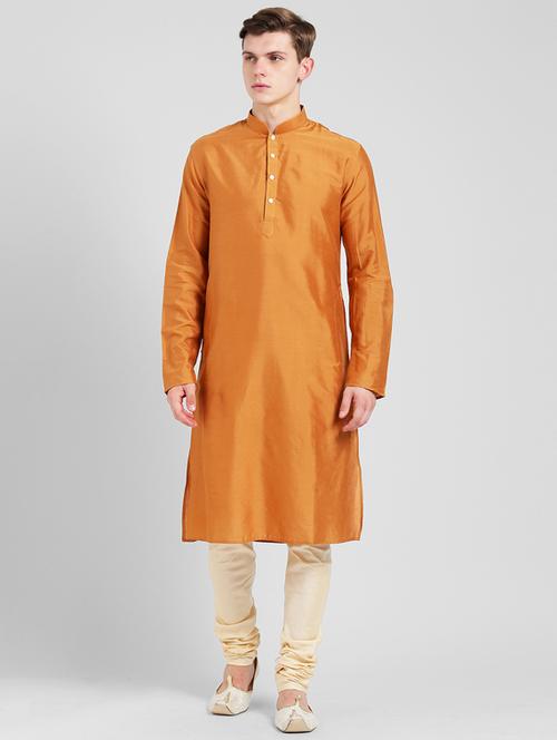 orange solid silk blend kurta pyjama set - 17484686 - Very Small Image - 1