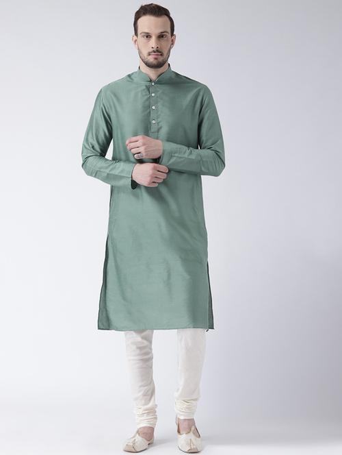 green solid silk blend kurta pyjama set - 17484702 - Very Small Image - 1