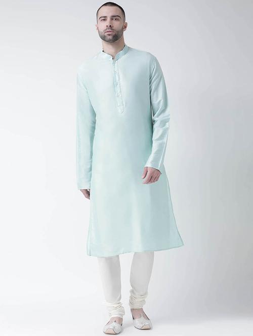 light blue solid silk blend kurta pyjama set - 17484703 - Very Small Image - 1