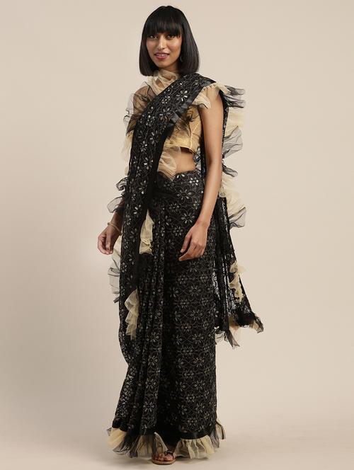 jacquard woven ruffled saree with blouse - 17485427 - Very Small Image - 1