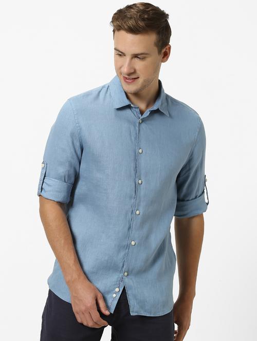 light blue solid linen casual shirt - 17488725 - Very Small Image - 1