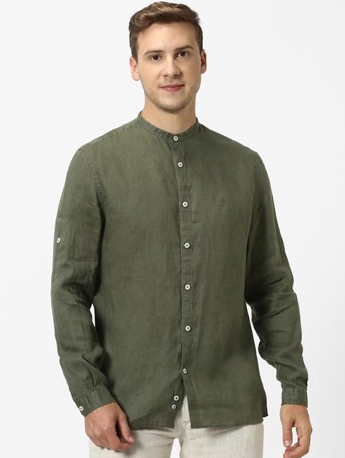 olive green solid linen casual shirt - 17488728 - Very Small Image - 1