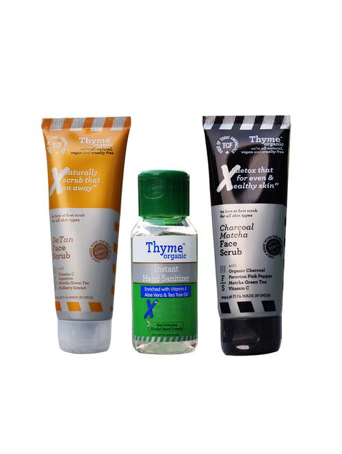 thyme organic scrub combo - detab face scrub + charcoal matcha face scrub + hand sanitizer - 17488771 - Very Small Image - 1