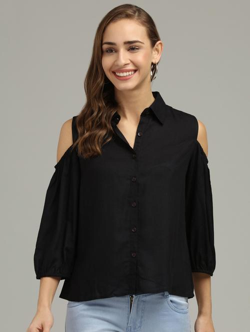 cold shoulder solid top - 17493230 - Very Small Image - 1