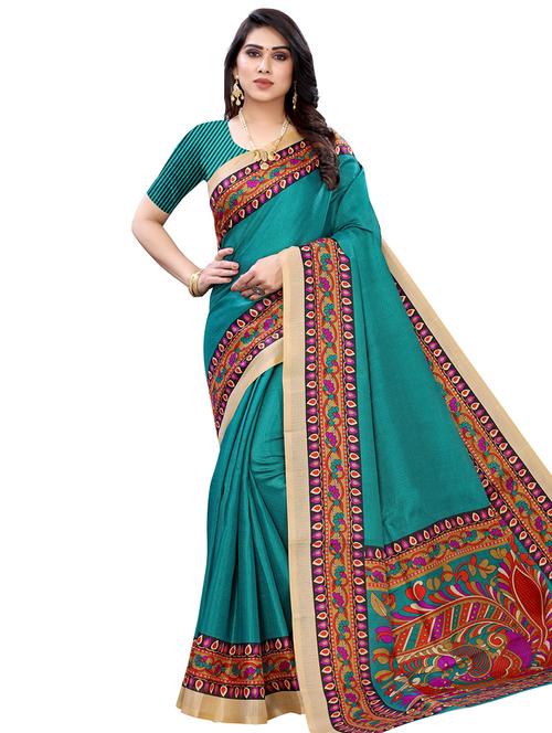 teal solid saree with blouse - 17496697 - Very Small Image - 1