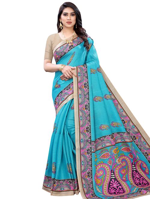 turquoise printed saree with blouse - 17496702 - Very Small Image - 1