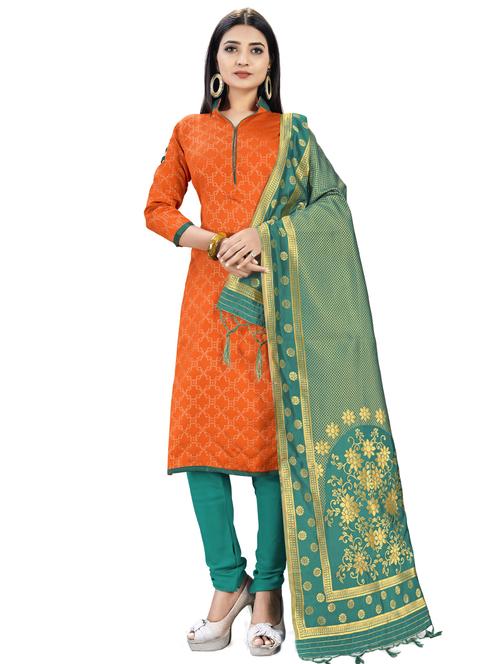 orange silk blend unstitched suit - 17498489 - Very Small Image - 1