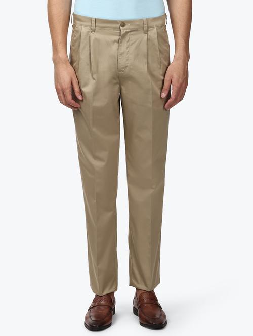 khaki solid pleated casual trouser - 17503826 - Very Small Image - 1