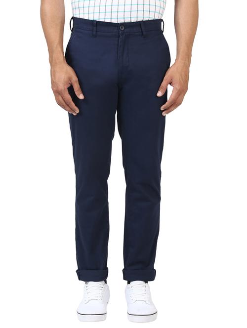 navy blue solid flat front casual trouser - 17503934 - Very Small Image - 1