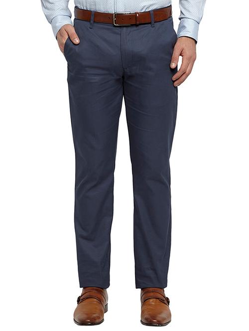 blue solid flat front casual trouser - 17504128 - Very Small Image - 1