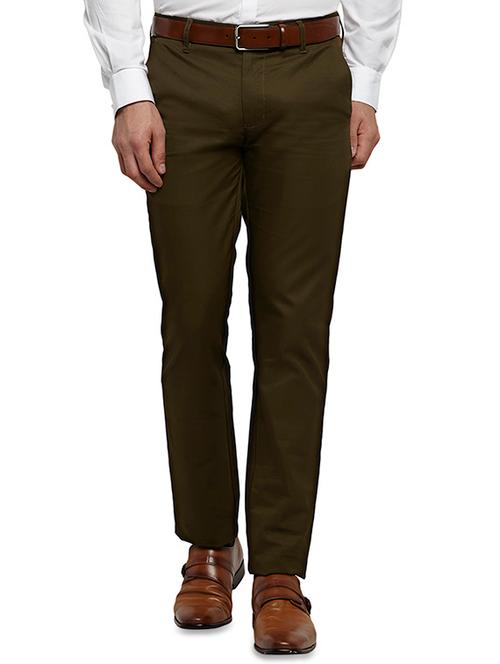 olive green solid flat front casual trouser - 17504130 - Very Small Image - 1