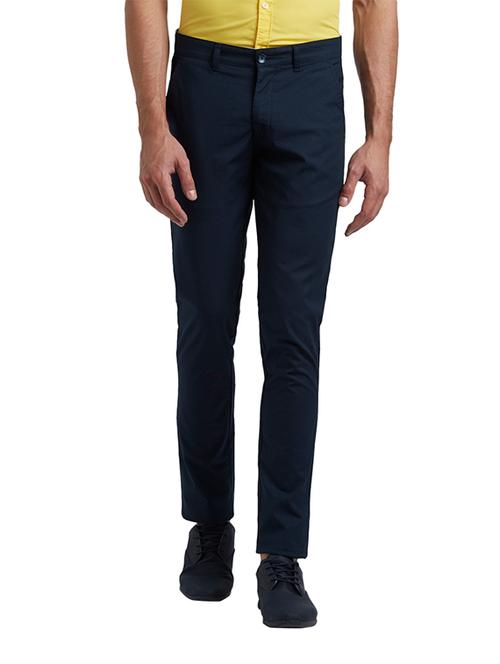 navy blue solid flat front casual trouser - 17504391 - Very Small Image - 1