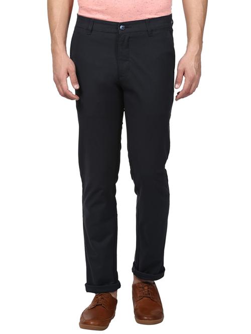 navy blue solid flat front casual trouser - 17504406 - Very Small Image - 1