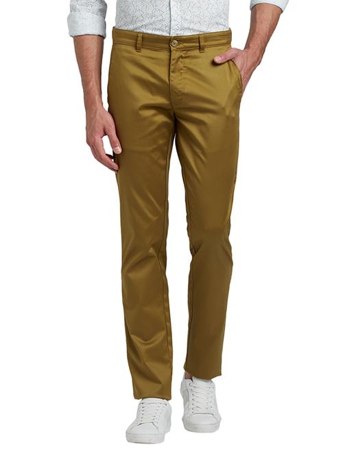 khaki solid flat front casual trouser - 17504421 - Very Small Image - 1