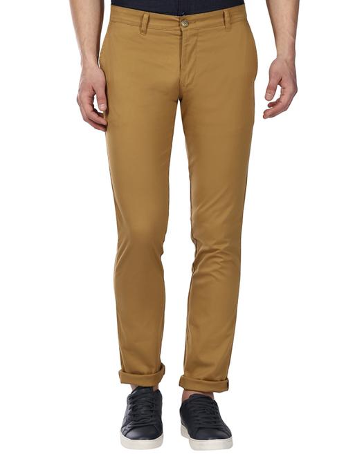 khaki solid flat front casual trouser - 17504443 - Very Small Image - 1