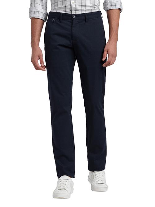 navy blue textured flat front casual trouser - 17504493 - Very Small Image - 1