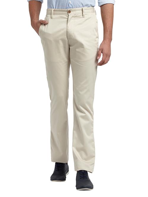 cream solid flat front casual trouser - 17504516 - Very Small Image - 1