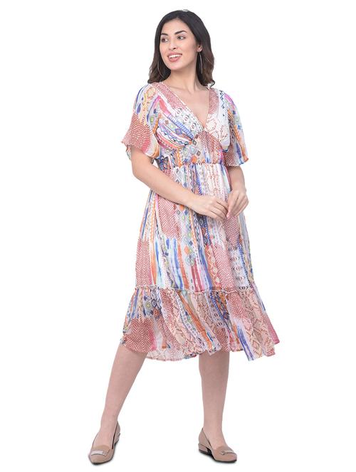 vneck printed fit & flare dress - 17504753 - Very Small Image - 1