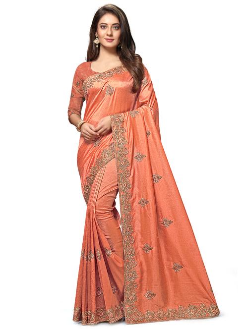 peach silk embroidered saree with blouse - 17504933 - Very Small Image - 1