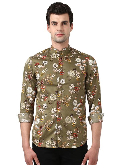 olive green floral print casual shirt - 17506611 - Very Small Image - 1