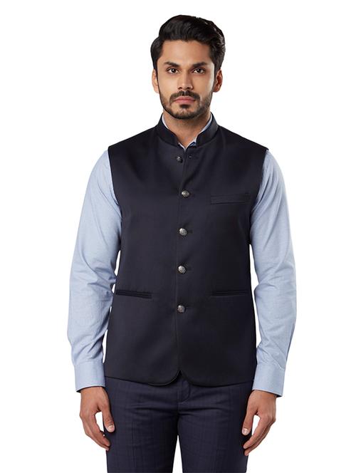navy blue solid nehru jacket - 17507836 - Very Small Image - 1