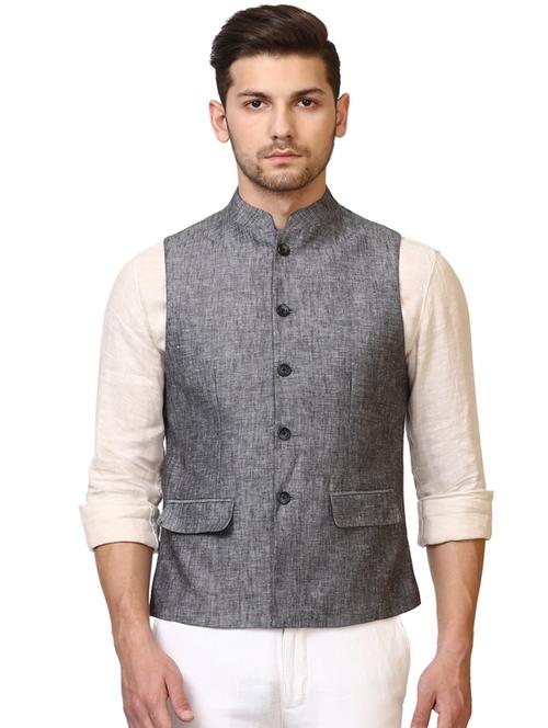 grey solid linen nehru jacket - 17507852 - Very Small Image - 1