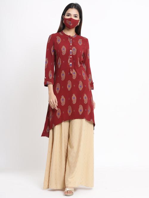 gold print high-low kurta with face mask - 17509504 - Very Small Image - 1
