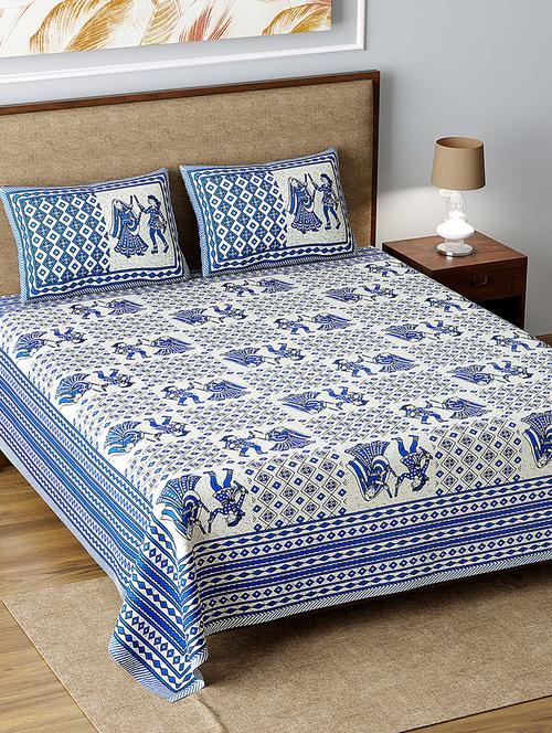 texstylers 100% cotton 220 tc jaipuri rajasthani print double bedsheet with 2 pillow covers - 17513554 - Very Small Image - 1