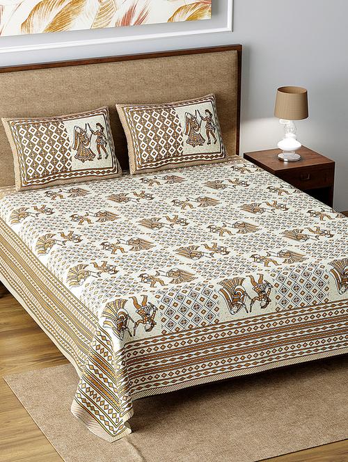 texstylers 100% cotton 220 tc jaipuri rajasthani print double bedsheet with 2 pillow covers - 17513555 - Very Small Image - 1