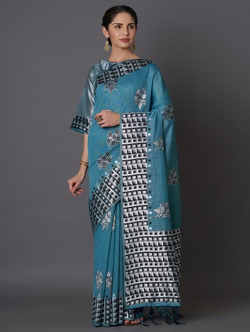 women's foil print teal colored saree - 17515120 - Very Small Image - 1