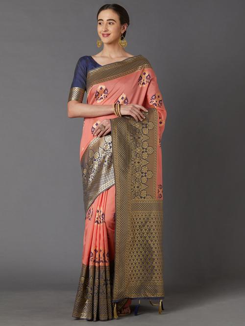 peach cotton blend banarasi saree - 17515345 - Very Small Image - 1