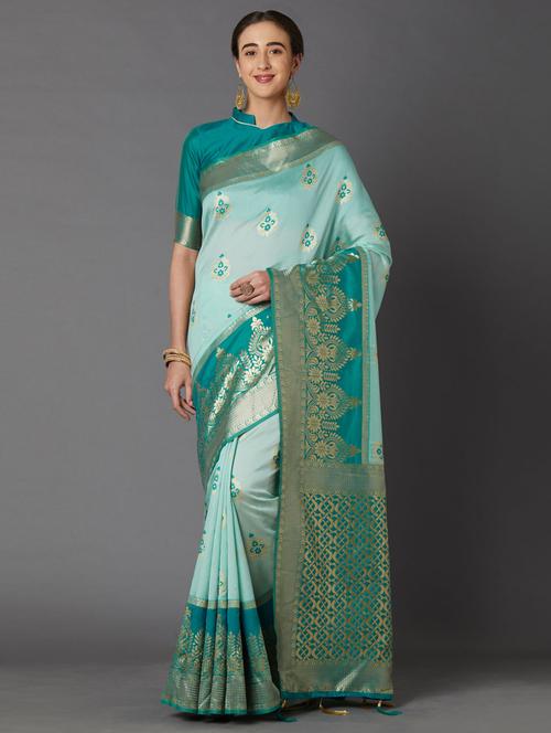 turquoise cotton blend banarasi saree - 17515383 - Very Small Image - 1