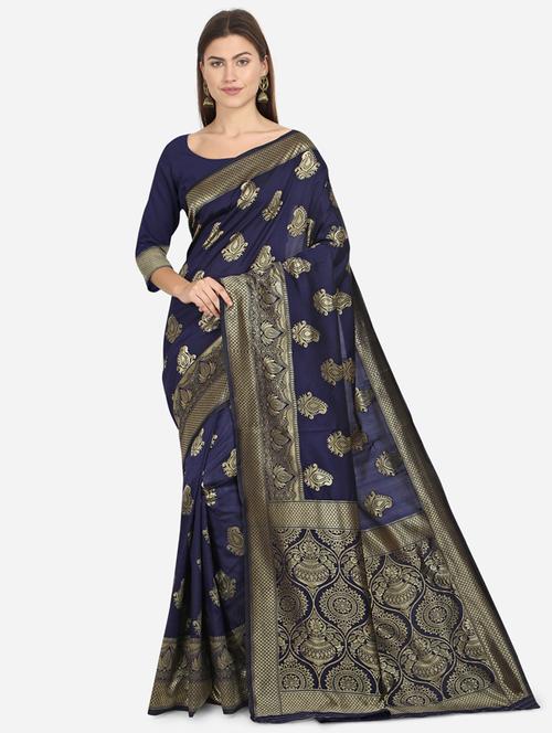navy art silk banarasi saree with blouse - 17515491 - Very Small Image - 1