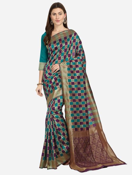 self design banarasi saree with blouse - 17515492 - Very Small Image - 1