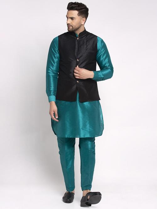 teal solid dupion kurta pyjama set with black solid nehru jacket - 17521496 - Very Small Image - 1