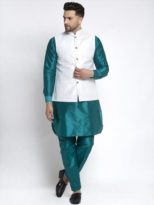teal solid dupion kurta pyjama set with white solid nehru jacket - 17521497 - Very Small Image - 1