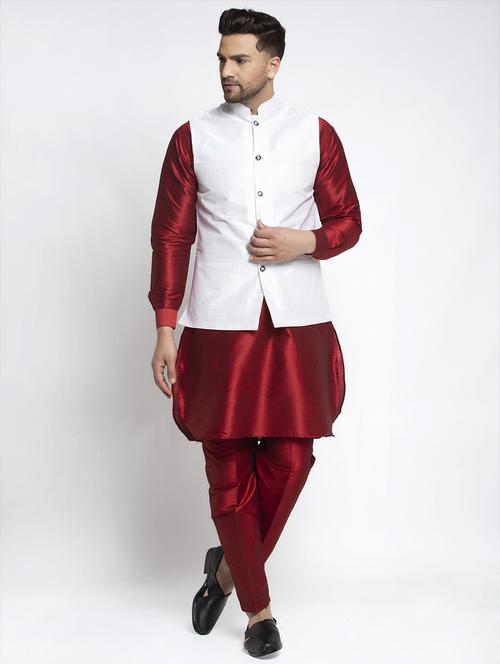red solid dupion kurta pyjama set with white solid nehru jacket - 17521500 - Very Small Image - 1