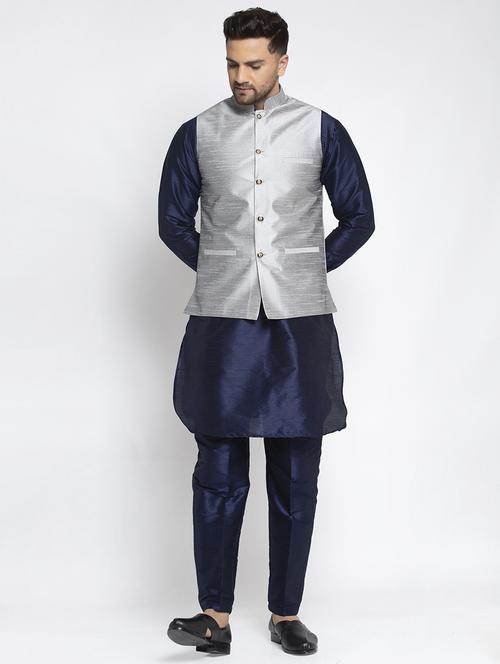 navy blue solid dupion kurta pyjama set with white solid nehru jacket - 17521501 - Very Small Image - 1