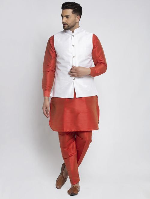 red solid dupion kurta pyjama set with white solid nehru jacket - 17521503 - Very Small Image - 1