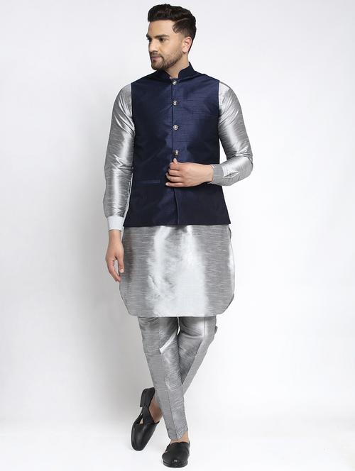gey solid dupion kurta pyjama set with blue solid nehru jacket - 17521504 - Very Small Image - 1