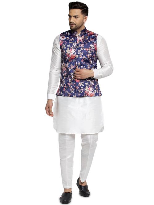 white solid dupion kurta pyjama set with printed nehru jacket - 17521554 - Very Small Image - 1