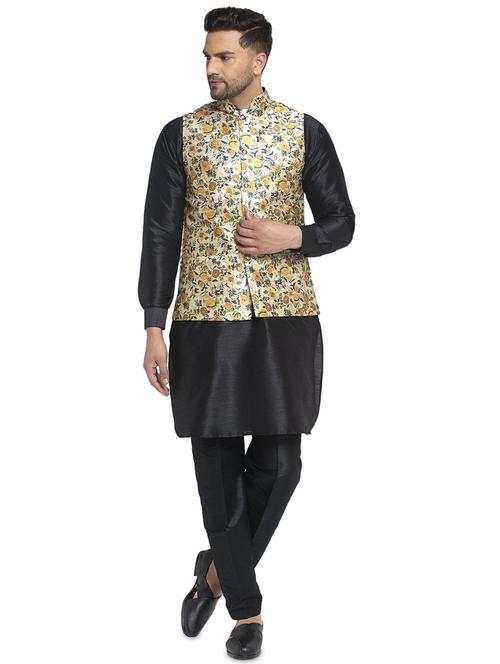 black solid dupion kurta pyjama set with printed nehru jacket - 17521560 - Very Small Image - 1