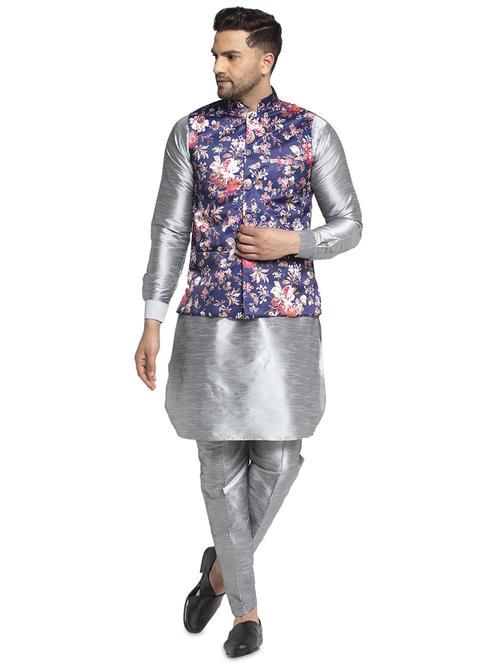 grey solid dupion kurta pyjama set with printed nehru jacket - 17521567 - Very Small Image - 1