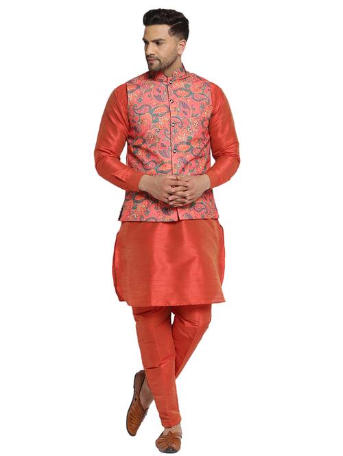 red solid dupion kurta pyjama set with printed nehru jacket - 17521573 - Very Small Image - 1